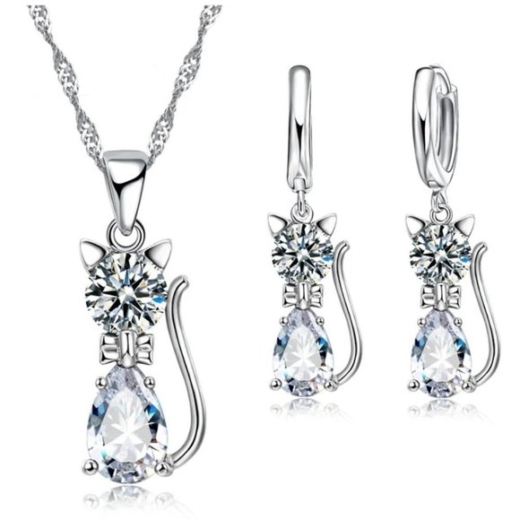 Jewelry - 925 Sterling Silver Earrings And Necklace Set Cat Drop Cute Top Hoop
